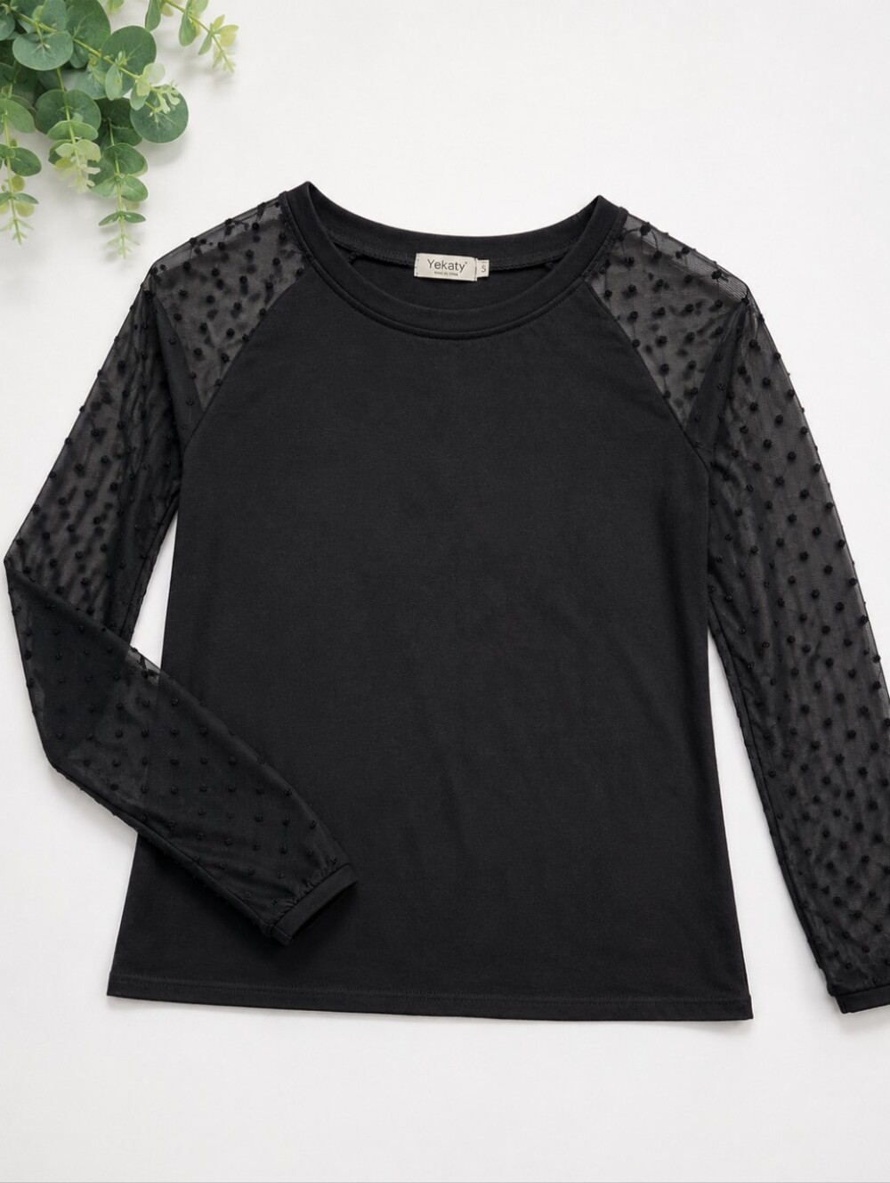 Yekaty Black Sheer Dot Sleeve Top